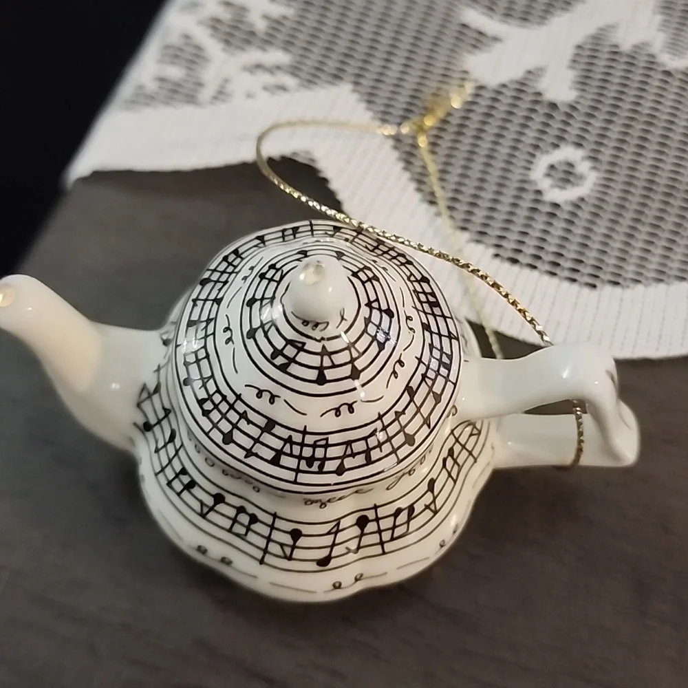 Christmas ornaments, miniature tea cups and tea pots